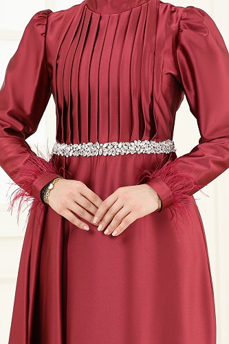 moda selvim Beli Taşlı Saten Abiye 8006YG95 Bordo - Thumbnail