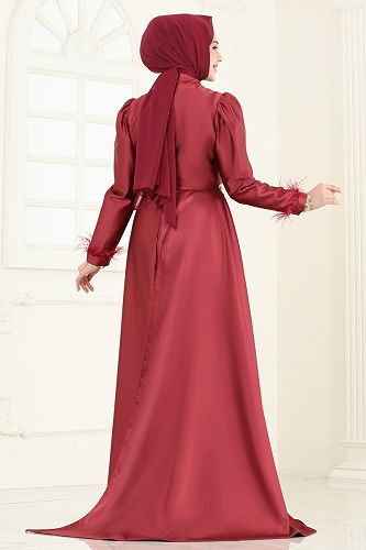 moda selvim Beli Taşlı Saten Abiye 8006YG95 Bordo - Thumbnail