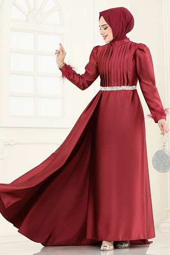 moda selvim Beli Taşlı Saten Abiye 8006YG95 Bordo - Thumbnail