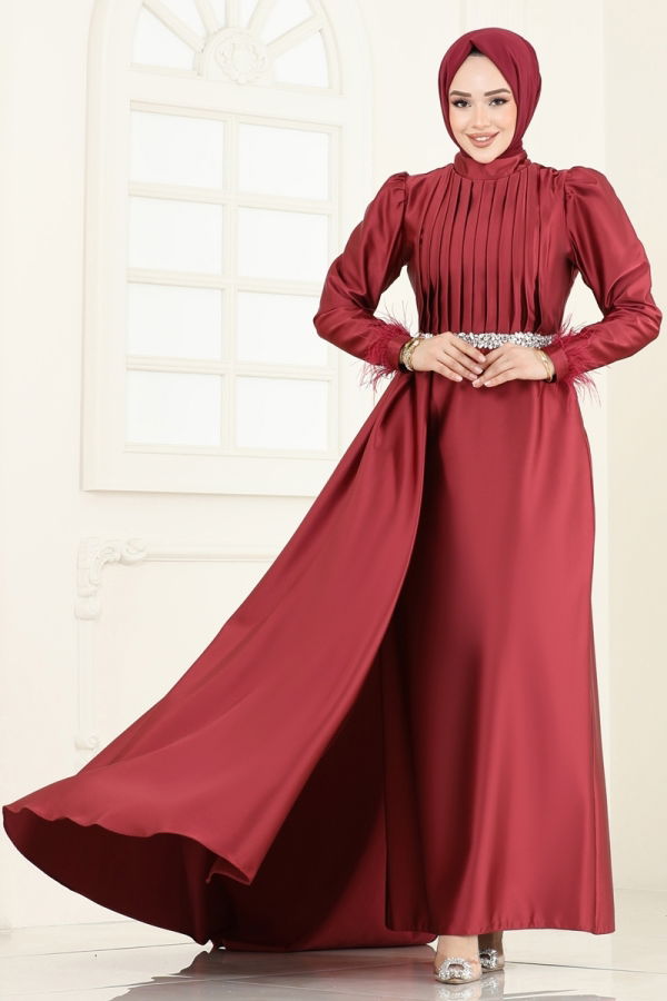 Modaselvim ABİYE Beli Taşlı Saten Abiye 8006YG95 Bordo