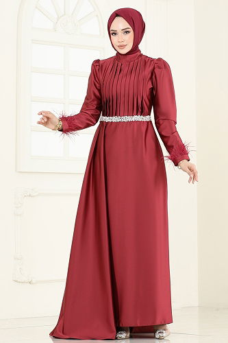 moda selvim Beli Taşlı Saten Abiye 8006YG95 Bordo - Thumbnail