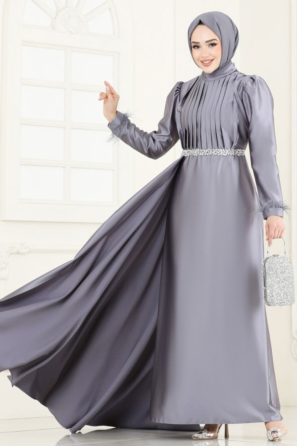 Modaselvim ABİYE Beli Taşlı Saten Abiye 8006YG95 Gri