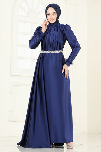 moda selvim Beli Taşlı Saten Abiye 8006YG95 Laci - Thumbnail