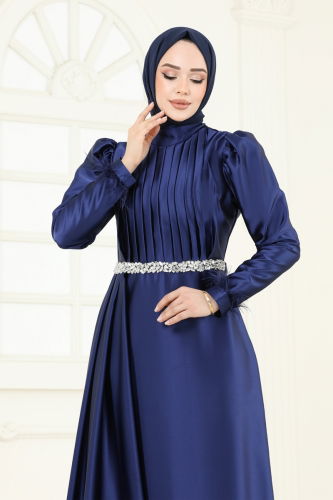 moda selvim Beli Taşlı Saten Abiye 8006YG95 Laci - Thumbnail