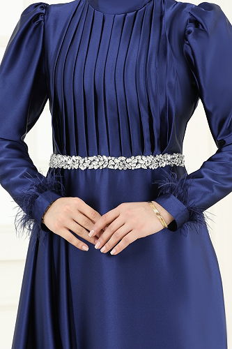 moda selvim Beli Taşlı Saten Abiye 8006YG95 Laci - Thumbnail