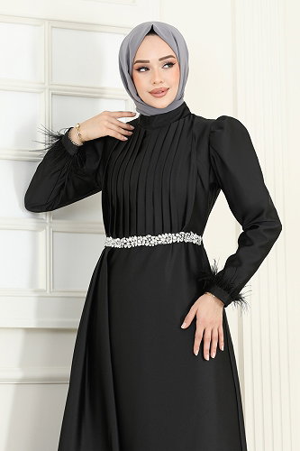 moda selvim Beli Taşlı Saten Abiye 8006YG95 Siyah - Thumbnail