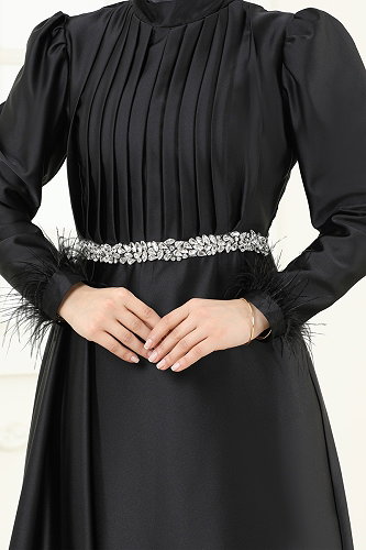 moda selvim Beli Taşlı Saten Abiye 8006YG95 Siyah - Thumbnail