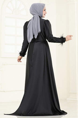 moda selvim Beli Taşlı Saten Abiye 8006YG95 Siyah - Thumbnail