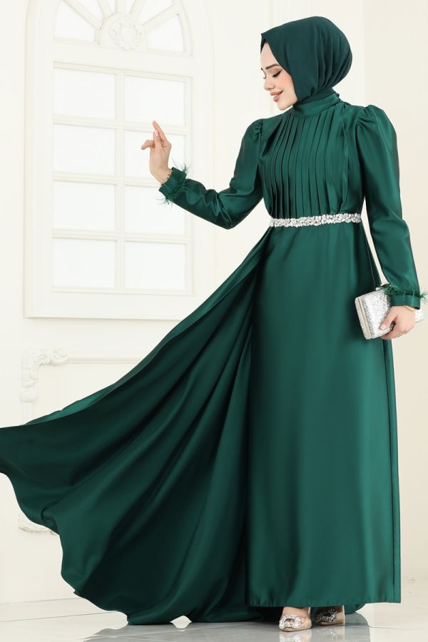 Modaselvim ABİYE Beli Taşlı Saten Abiye 8006YG95 Zümrüt