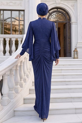 moda selvim Beli Taşlı Simli Elbise 102DMNK1166 Laci - Thumbnail