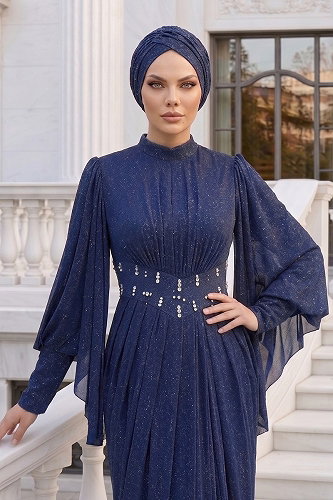 moda selvim Beli Taşlı Simli Elbise 102DMNK1166 Laci - Thumbnail