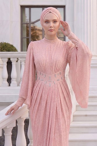 moda selvim Beli Taşlı Simli Elbise 102DMNK1166 Pudra - Thumbnail