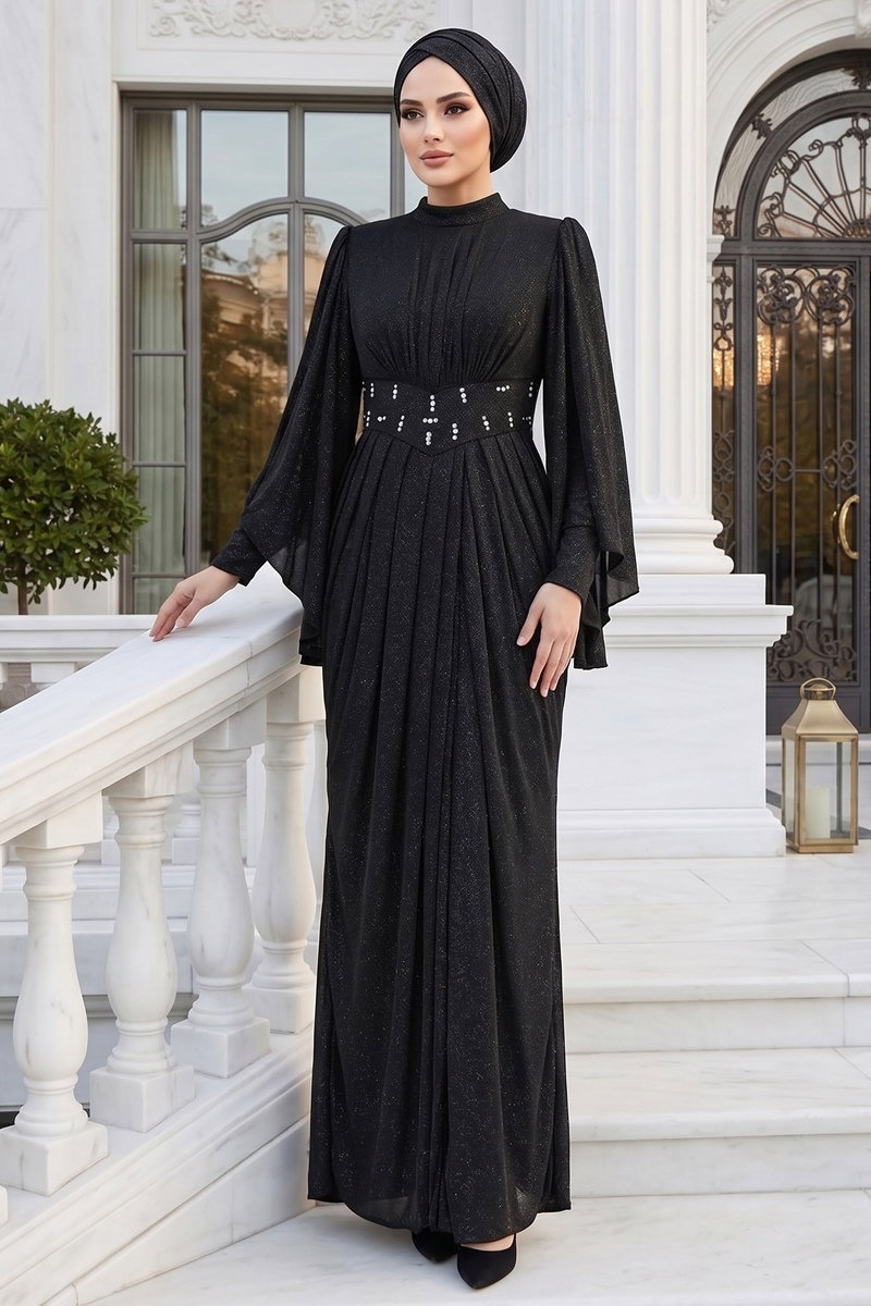 Beli Taşlı Simli Elbise 102DMNK1166 Siyah