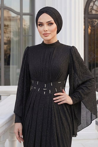 moda selvim Beli Taşlı Simli Elbise 102DMNK1166 Siyah - Thumbnail