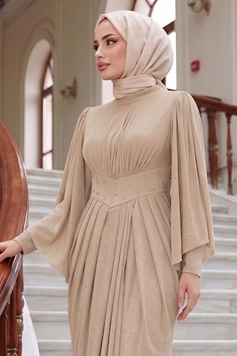 moda selvim Beli Taşlı Simli Elbise 102DMNK1166 Taş - Thumbnail