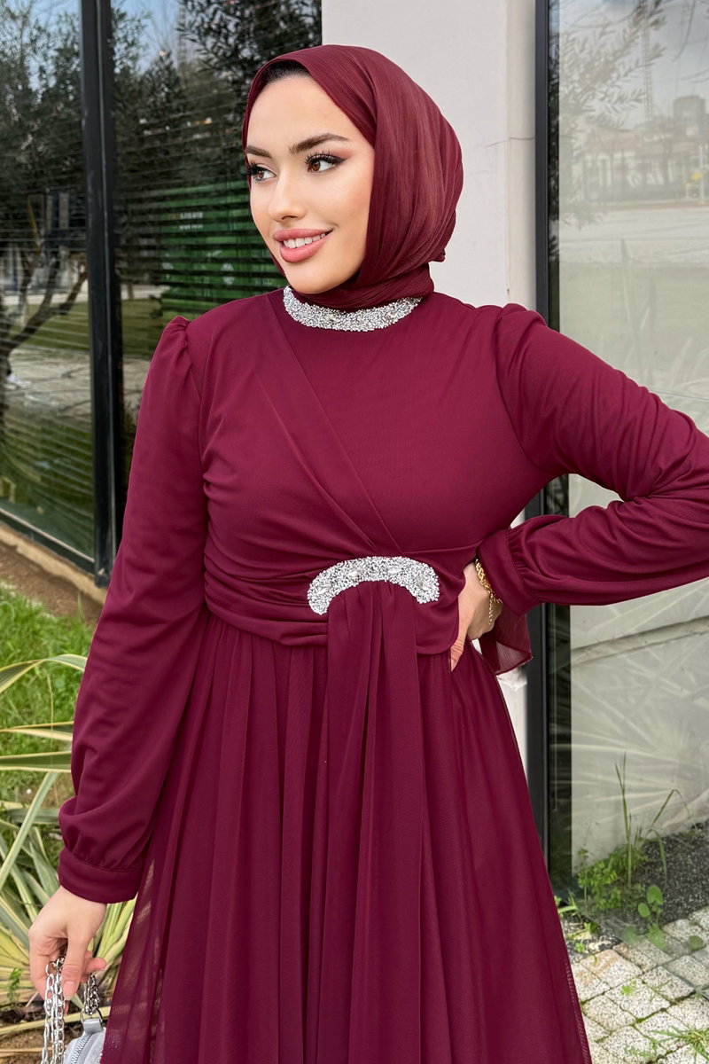 Beli Taşlı Tül Abiye 4695ALGK1170 Bordo