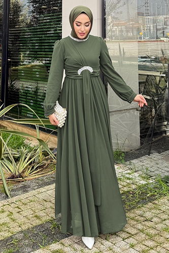 moda selvim Beli Taşlı Tül Abiye 4695ALGK1170 Haki - Thumbnail