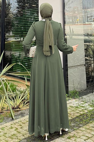 moda selvim Beli Taşlı Tül Abiye 4695ALGK1170 Haki - Thumbnail