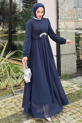 moda selvim Beli Taşlı Tül Abiye 4695ALGK1170 Laci - Thumbnail