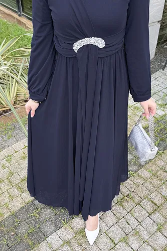 moda selvim Beli Taşlı Tül Abiye 4695ALGK1170 Laci - Thumbnail