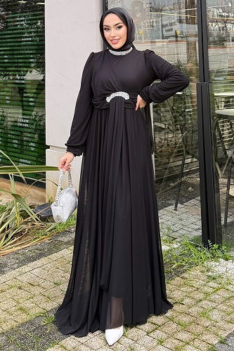moda selvim Beli Taşlı Tül Abiye 4695ALGK1170 Siyah - Thumbnail