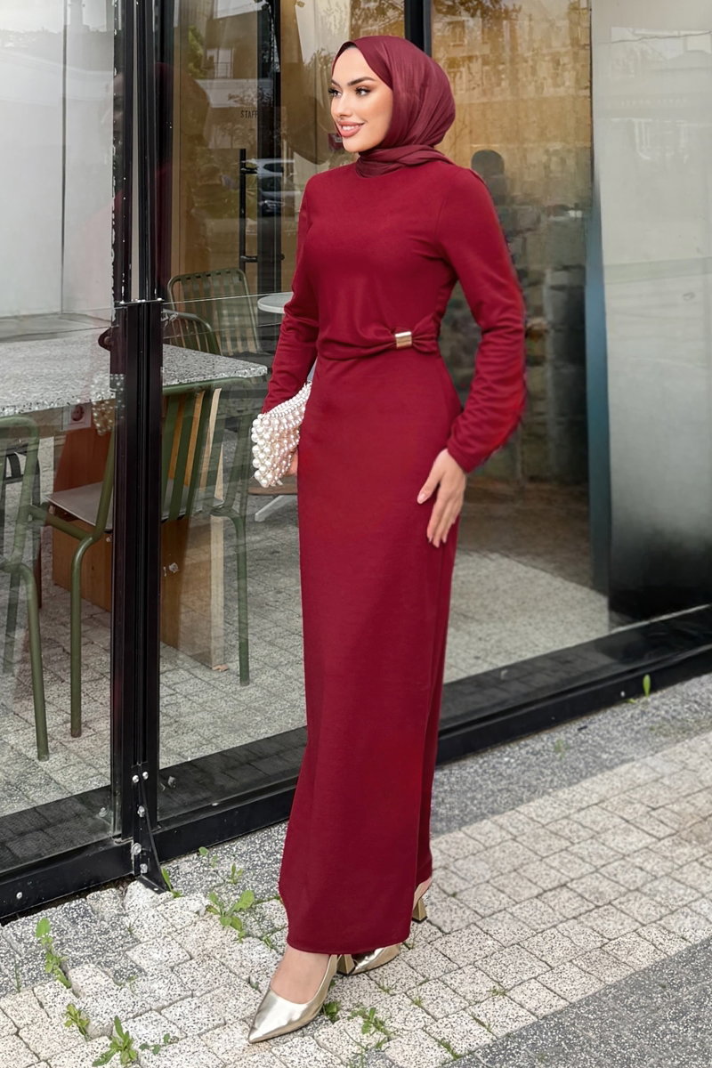 Beli Toka Detaylı Elbise 4679ALGK1170 Bordo