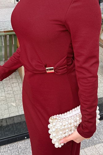 moda selvim Beli Toka Detaylı Elbise 4679ALGK1170 Bordo - Thumbnail