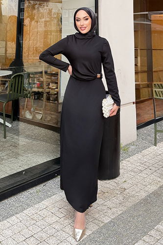 moda selvim Beli Toka Detaylı Elbise 4679ALGK1170 Siyah - Thumbnail