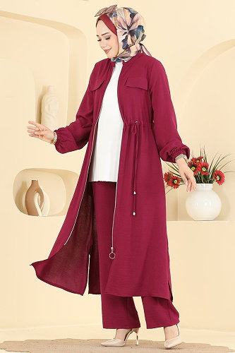 moda selvim Beli Tünel Detaylı 2 li Takım 2911SLK540 Bordo - Thumbnail