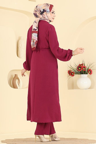moda selvim Beli Tünel Detaylı 2 li Takım 2911SLK540 Bordo - Thumbnail