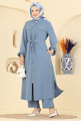 moda selvim Beli Tünel Detaylı 2 li Takım 2911SLK540 Mavi - Thumbnail