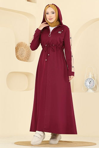 moda selvim Beli Tünel Detaylı Elbise PL9177 Bordo - Thumbnail