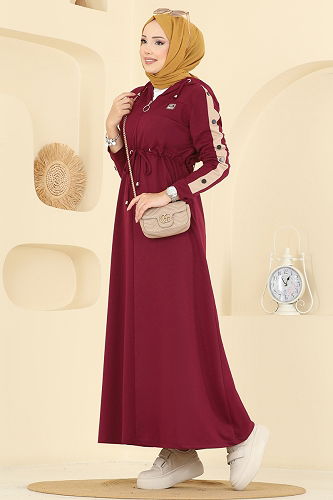 moda selvim Beli Tünel Detaylı Elbise PL9177 Bordo - Thumbnail