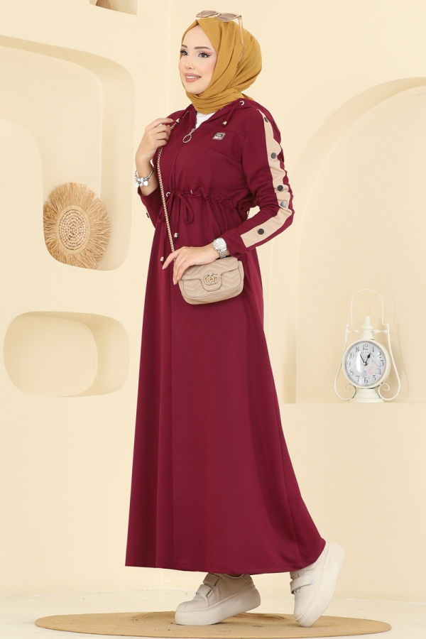 Modaselvim Elbise Beli Tünel Detaylı Elbise PL9177 Bordo