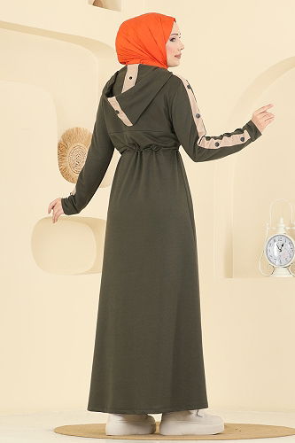 moda selvim Beli Tünel Detaylı Elbise PL9177 Haki - Thumbnail