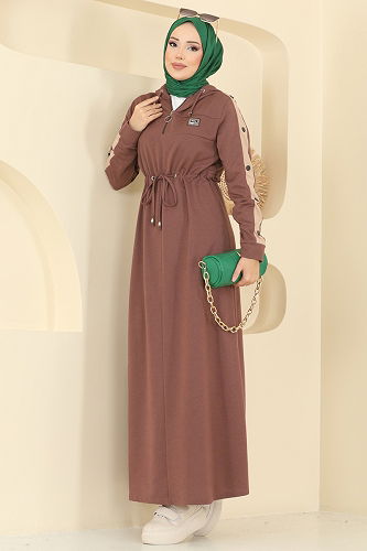 moda selvim Beli Tünel Detaylı Elbise PL9177 Pudra Vizyon - Thumbnail