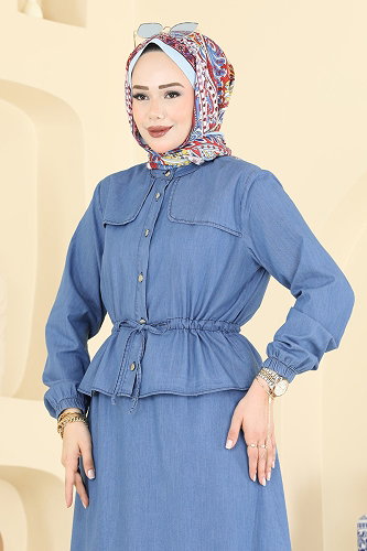 moda selvim Beli Tünel Detayli Takım 2606MSA980 Açık Kot - Thumbnail