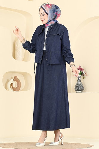 moda selvim Beli Tünel Detayli Takım 2606MSA980 Koyu Kot - Thumbnail