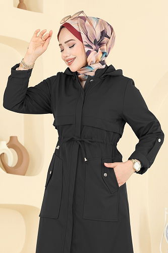 moda selvim Beli Tünel Detaylı Trençkot 3069KTR750 Siyah - Thumbnail