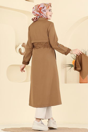 moda selvim Beli Tünel Detaylı Trençkot 3069KTR750 Taba - Thumbnail