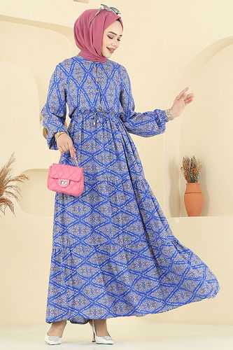 moda selvim Beli Tünell Viskon Elbise 7109ERK1158 Saks - Thumbnail