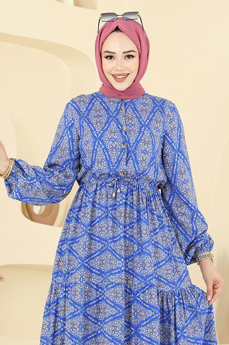 moda selvim Beli Tünell Viskon Elbise 7109ERK1158 Saks - Thumbnail