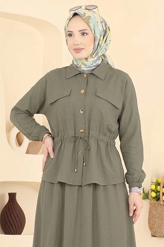 moda selvim Beli Tünelli 2 li Takım 114NZRK1200 Açık Haki - Thumbnail