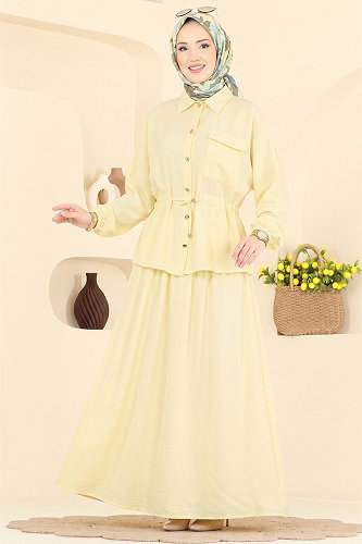 moda selvim Beli Tünelli 2 li Takım 114NZRK1200 Açık Limon Sarısı - Thumbnail