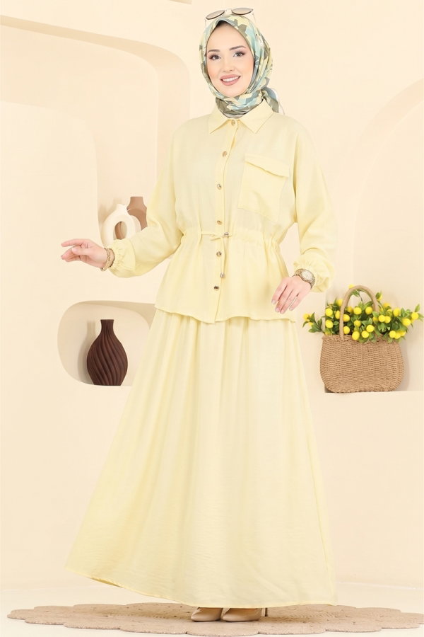 Modaselvim Kombin Beli Tünelli 2 li Takım 114NZRK1200 Açık Limon Sarısı