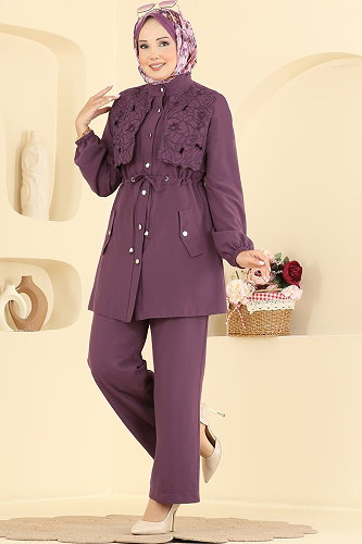 moda selvim Beli Tünelli 2 li Takım 2957SL432 Koyu Lila - Thumbnail