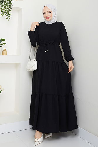 moda selvim Beli Tünelli Aerobin Elbise 103MP806 Siyah - Thumbnail