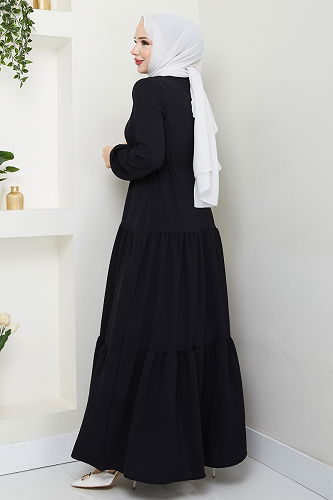 moda selvim Beli Tünelli Aerobin Elbise 103MP806 Siyah - Thumbnail