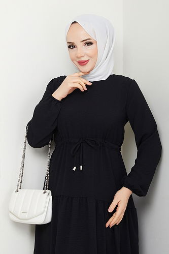 moda selvim Beli Tünelli Aerobin Elbise 103MP806 Siyah - Thumbnail