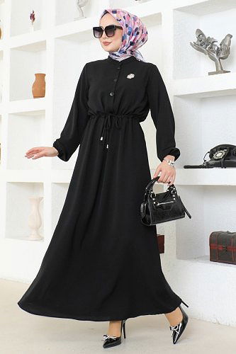 moda selvim Beli Tünelli Aerobin Elbise 115MP806 Siyah - Thumbnail